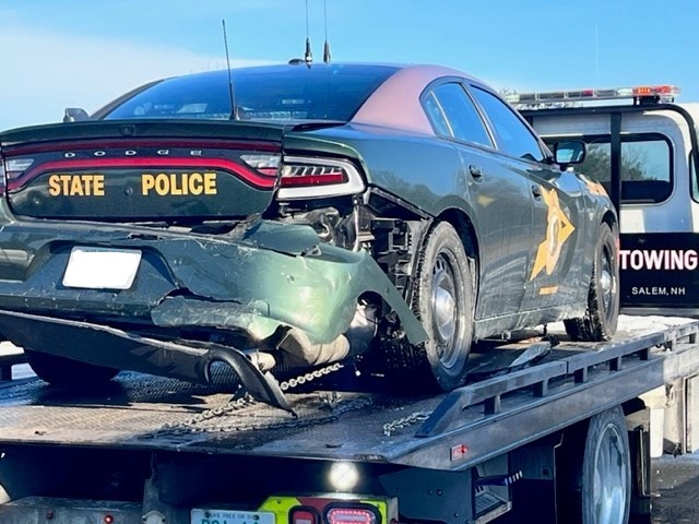 A New Hampshire State Police cruiser damaged in a crash on Saturday, Dec. 24, 2022, in Salem.