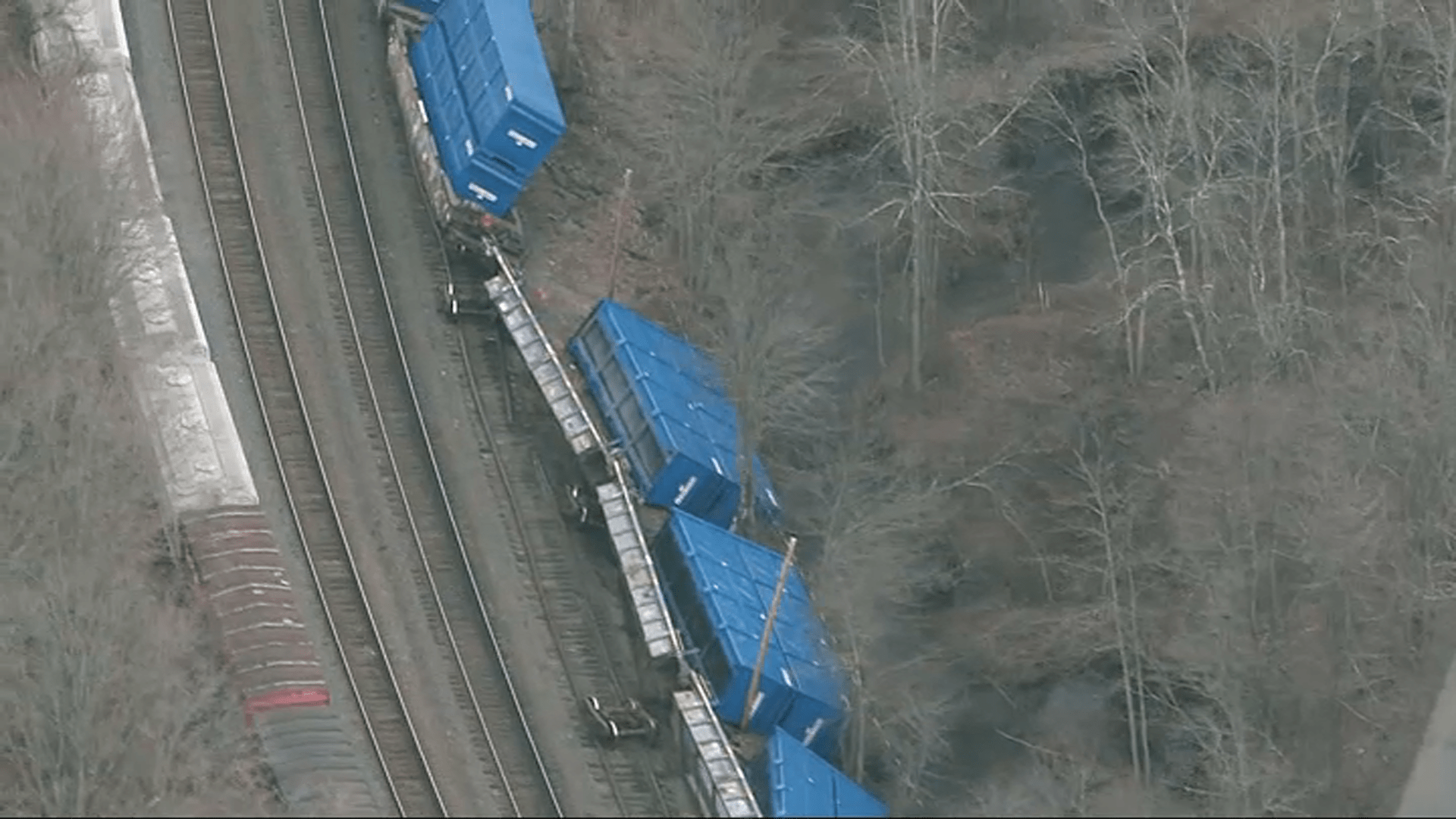 A derailed freight train in Ayer, Massachusetts, on Thursday, March 23, 2023.