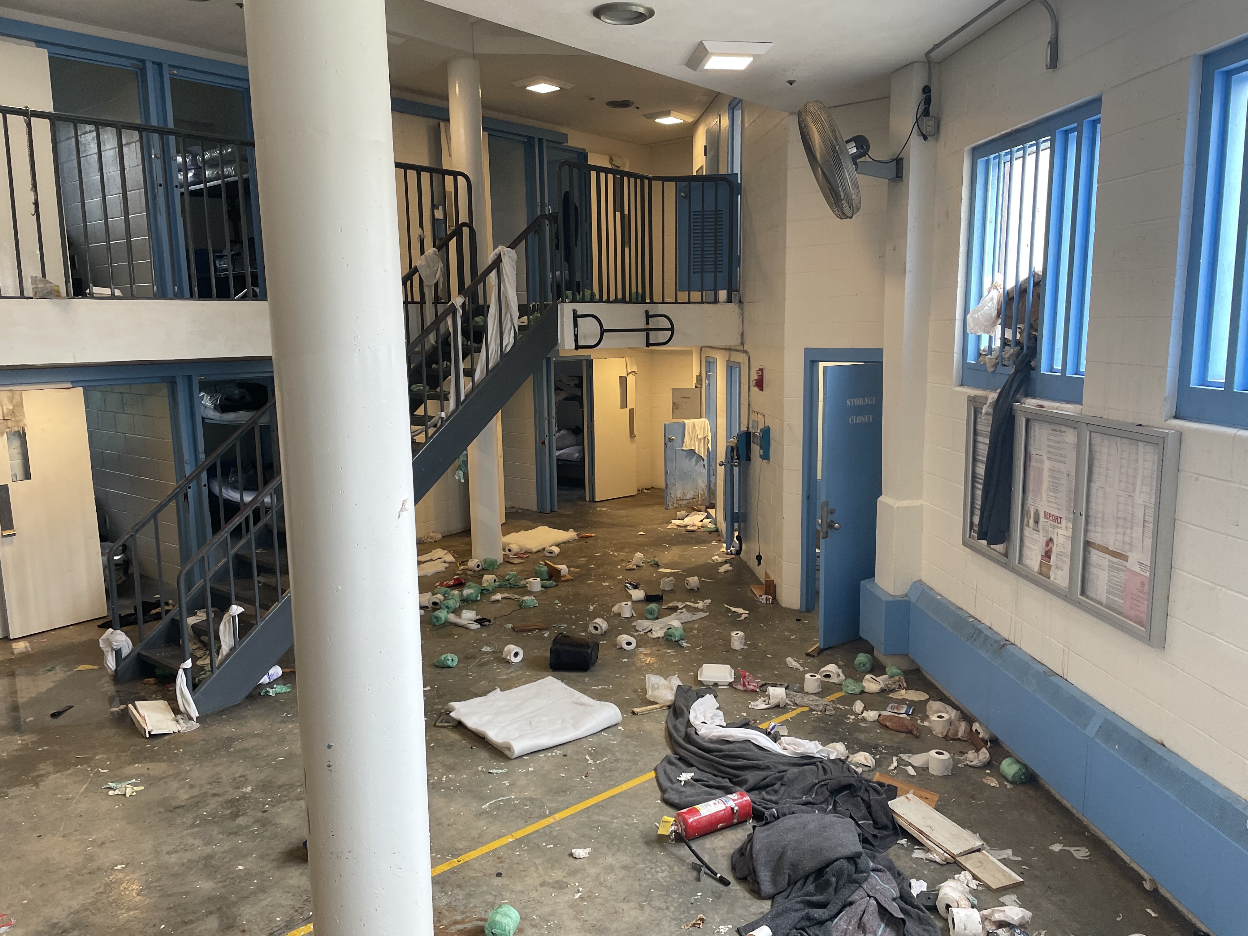The scene inside the Massachusetts House of Correction in Dartmouth, Massachusetts, after a destructive protest on Friday, April 21, 2023.