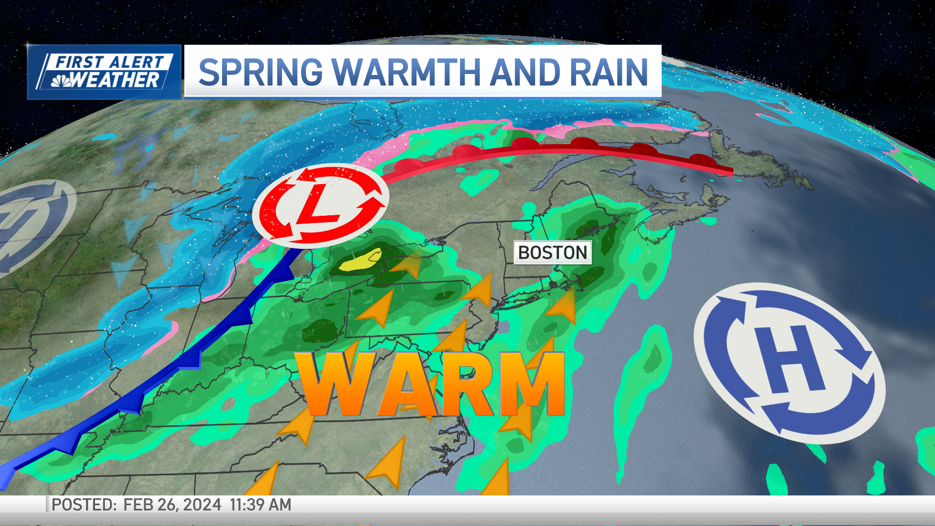A map showing a low system over Michigan and a high system over the Atlantic Ocean that's bringing warm temperatures and rain to Boston.