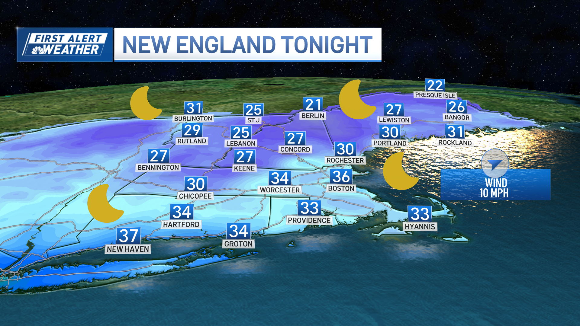 A map of New England showing low temperatures across the region on the night of Thursday, April 25, 2024.