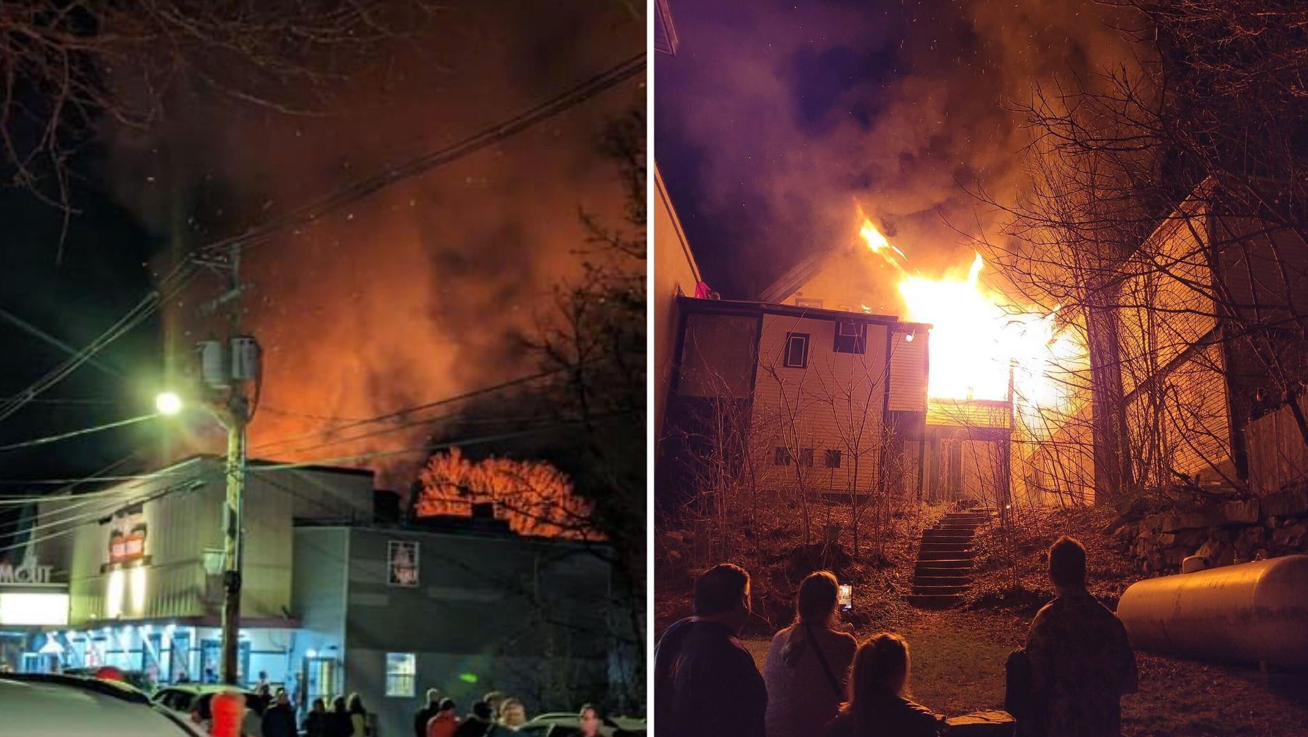 A fire burning in Plymouth, New Hampshire, on Saturday, April 20, 2024. Witnesses said the fire was burning at The Flying Monkey theater; authorities said it was at a building next door.