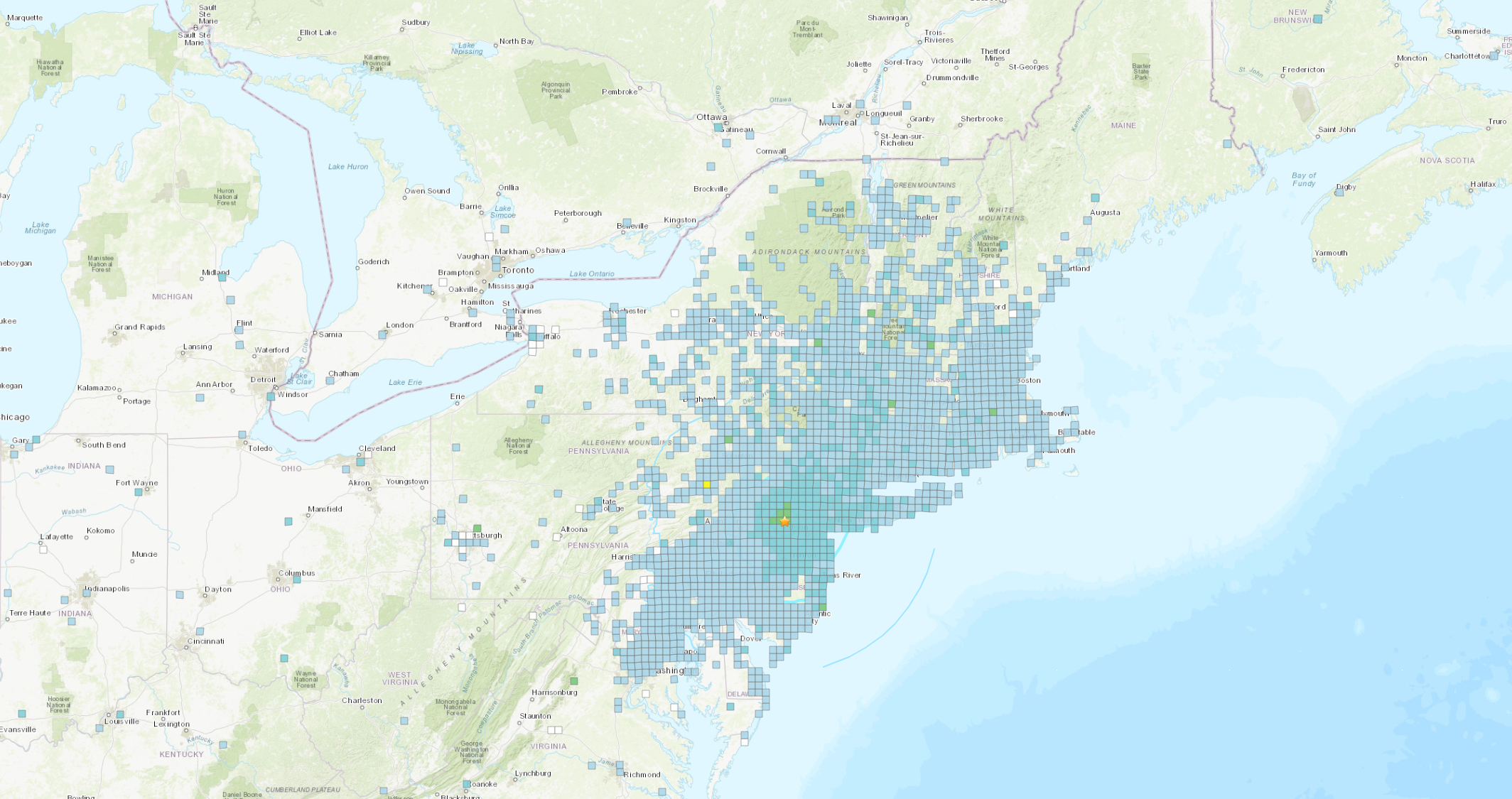 A U.S. Geological Survey map showing where people felt a 4.7 magnitude earthquake that shook the Northeast Friday, April 5, 2024.