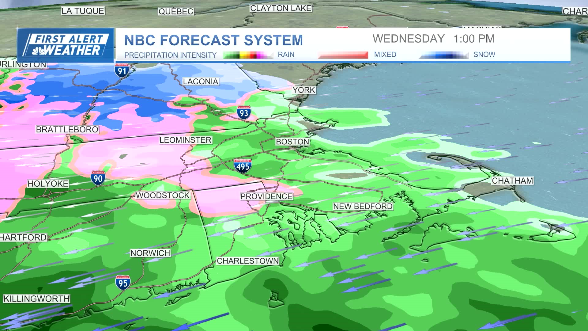 Rain is expected to be widespread across Boston, with a wintry mix in Worcester and into southern New Hampshire, in the early afternoon of Wednesday, April 3, 2024, according to the NBC forecast system.