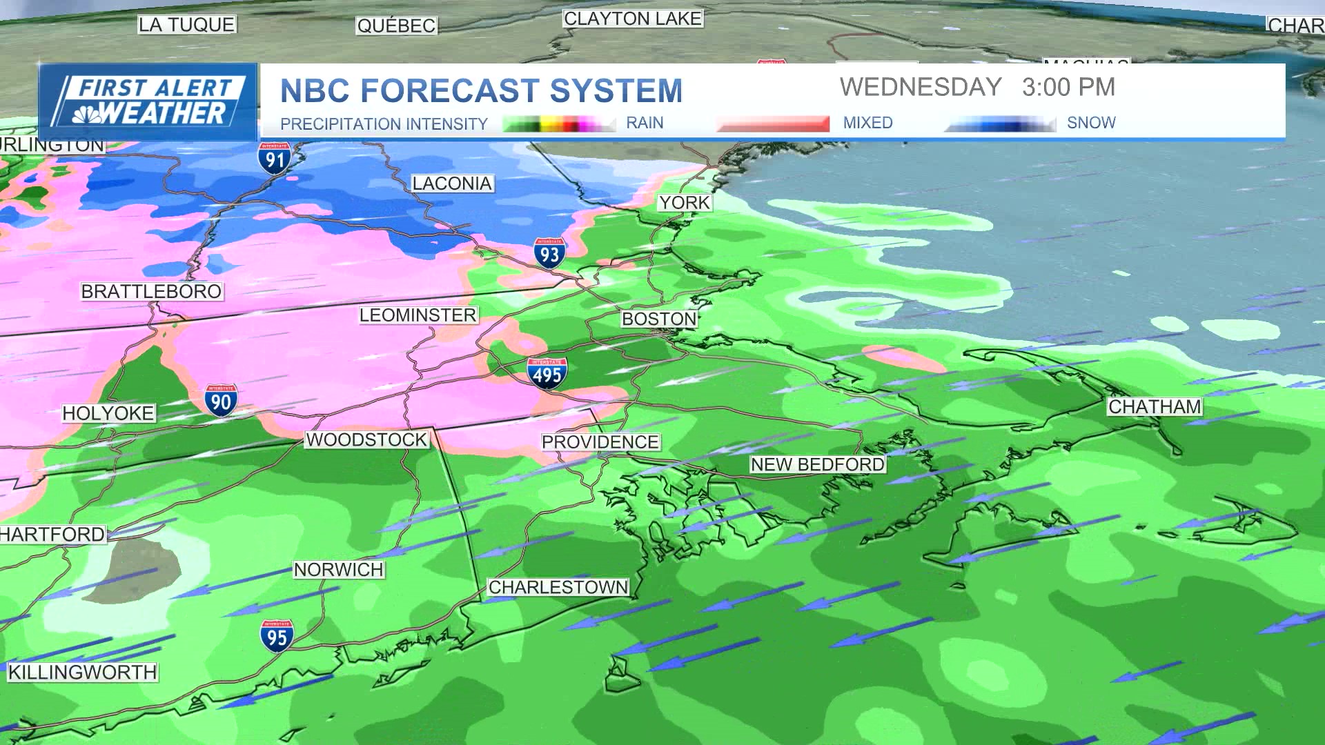 Rain is expected to be widespread across Boston, with a wintry mix in Worcester and into southern New Hampshire, in the early afternoon of Wednesday, April 3, 2024, according to the NBC forecast system.