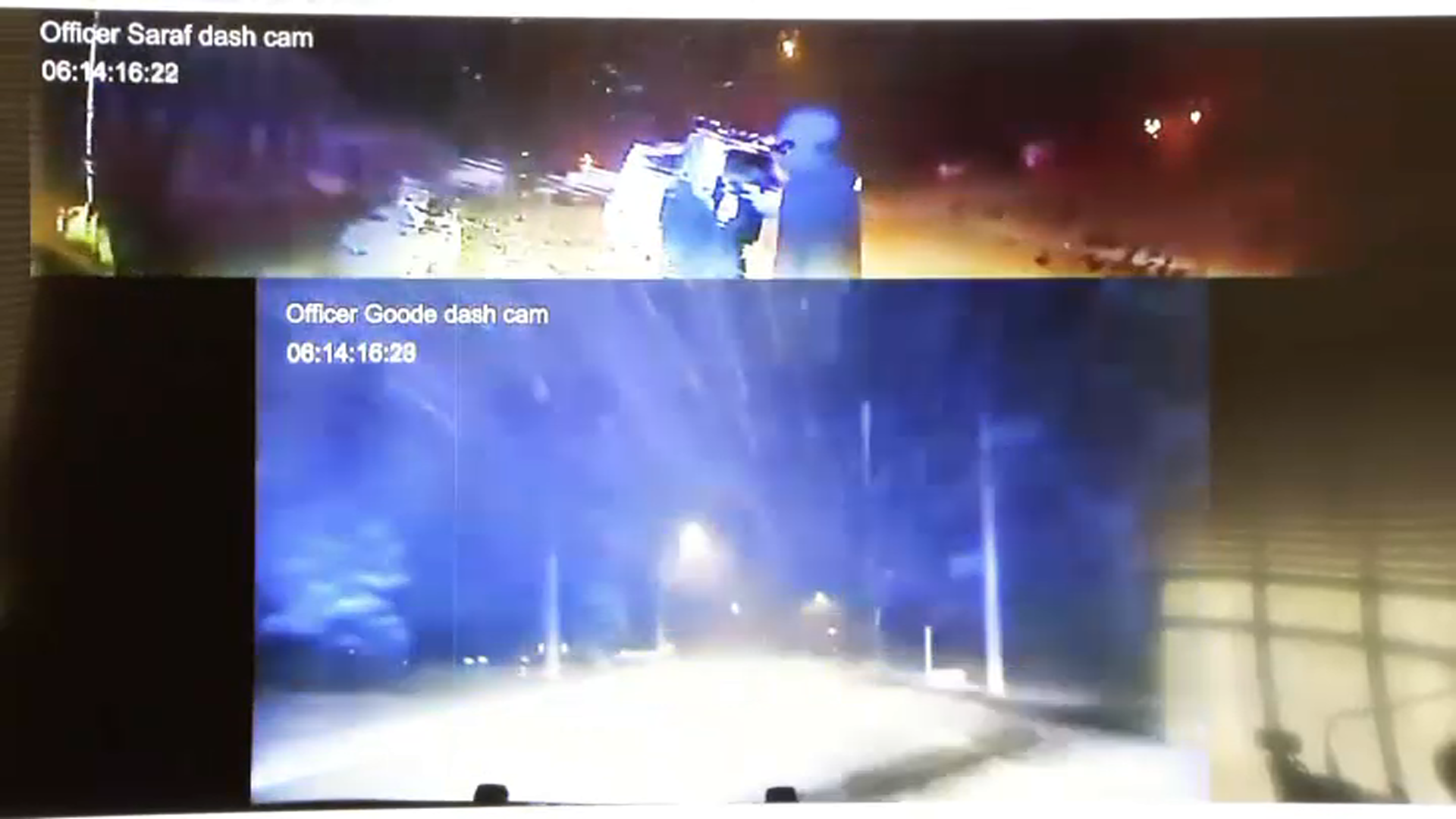 A still from dashcam footage from two Canton police cruisers at the scene were John O'Keefe was found in the snow outside a home on Fairview Road.