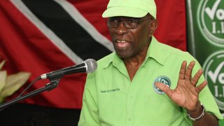 FILE - In this Wednesday, June 3, 2015 file photo, former FIFA vice president Jack Warner speaks at a political rally in Marabella, Trinidad and Tobago.