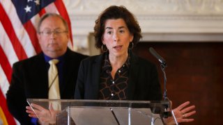 Gov. Gina Raimondo gives an update on the coronavirus during a news conference in the State Room of the Rhode Island State House in Providence, R.I, March 22, 2020.