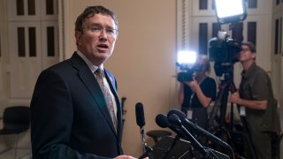 In this Tuesday, May 28, 2019 file photo, Rep. Thomas Massie, R-Ky., speaks to reporters at the Capitol after he blocked a unanimous consent vote on a long-awaited hurricane disaster aid bill in the chamber.