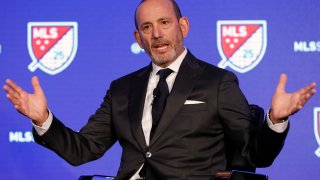 FILE - In this Feb. 26, 2020, file photo, Major League Soccer Commissioner Don Garber speaks during the leagues 25th Season kickoff event in New York.