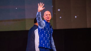 Amazon CEO Jeff Bezos at the company's annual Smbhav event at Jawahar Lal Nehru Stadium, Jan. 16, 2020, in New Delhi, India.