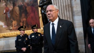 In this Dec. 4, 2018, file photo, former Chairman of the Joint Chiefs of Staff and former Secretary of State Colin Powell arrives to pay his respects at the casket of the late former President George H.W. Bush as he lies in state at the U.S. Capitol in Washington, DC.