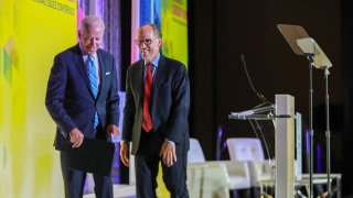 Former U.S. Vice President Joe Biden, a 2020 Democratic presidential candidate, and Tom Perez, chairman of the Democratic National Committee (DNC), exit the stage during the DNC Women's Leadership Forum conference in Washington, D.C., U.S., on Thursday, Oct. 17, 2019.