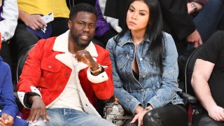 Kevin Hart and Eniko Parrish attend a basketball game between the Los Angeles Lakers and the Los Angeles Clippers at Staples Center on Dec. 25, 2019, in Los Angeles.