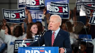 Democratic presidential candidate former Vice President Joe Biden addresses the crowd during a South Carolina campaign launch party on Feb, 11, 2020, in Columbia, South Carolina.