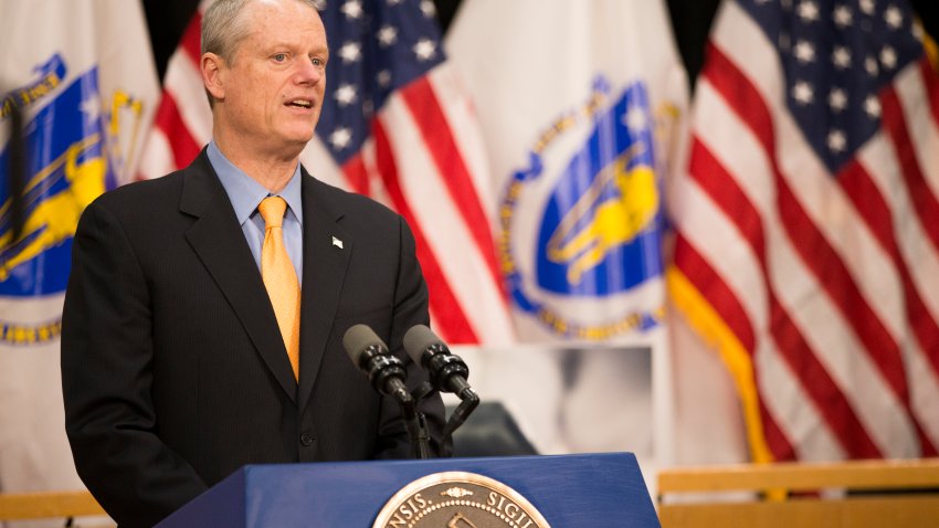 BOSTON, MA – MARCH 26: Gov. Charlie Baker holds a press conference in the Gardner Auditorium at The Massachusetts State House on March 26, 2020. Baker and Secretary of Health and Human Services Marylou Sudders addressed attempting to secure more pieces of personal protection equipment and mobile schooling concerns. (Photo by Blake Nissen/The Boston Globe via Getty Images)