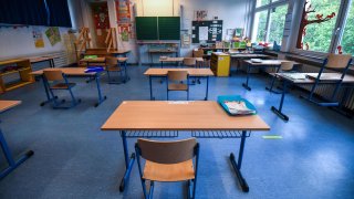 A picture taken on May 4, 2020 shows chairs and tables in a classroom at the Petri primary school, in Dortmund, western Germany, amid the new coronavirus Covid-19 pandemic.