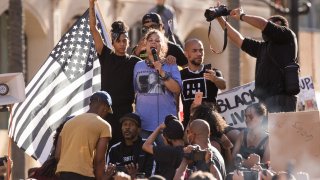 Jayana Khan, Melina Abdullah, Kendrick Sampson and others participate in the YG x BLMLA x BLDPWR protest and march on June 07, 2020 in Los Angeles, California.