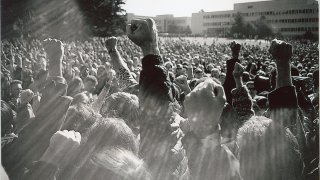 A 1968 protest at San Francisco State University is seen in this screenshot from the new PBS docuseries 'Asian Americans,' which premieres Monday, May 11, at 8 p.m. ET.