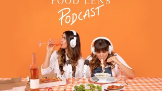 The cover art for the Food Lens podcast, which shows the two hosts, Molly Ford and Catherine smart eating food with their headphones on.