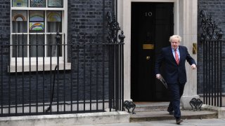 Prime Minister Boris Johnson leaves 10 Downing Street before making a speech as he returns to work following his recovery from Covid-19 on April 27, 2020 in London, England.