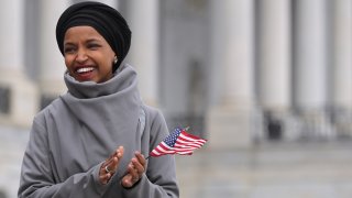 In this file photo, Rep. Ilhan Omar (D-MN) rallies with fellow Democrats before voting on H.R. 1, or the People Act, on the East Steps of the U.S. Capitol March 08, 2019 in Washington, DC.