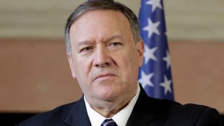 In this Oct. 2, 2019, file photo, U.S. Secretary of State Mike Pompeo meets the media in Rome.