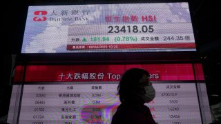 In this April 6, 2020, file photo, a woman wearing a face mask walks past a bank electronic board showing the Hong Kong share index in Hong Kong.