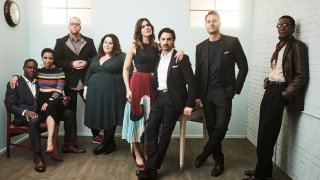 In this Jan. 18, 2017, file photo, actors Sterling K. Brown, Susan Kelechi Watson, Chris Sullivan, Chrissy Metz, Mandy Moore, Milo Ventimiglia, Justin Hartley and Ron Cephas Jones of "This Is Us" pose for a portrait in the NBCUniversal Press Tour portrait studio at The Langham Huntington, Pasadena in Pasadena, California.