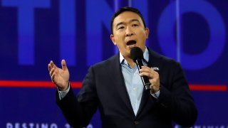 Democratic presidential candidate businessman Andrew Yang speaks during a presidential forum at the California Democratic Party's convention Saturday, Nov. 16, 2019, in Long Beach, Calif.