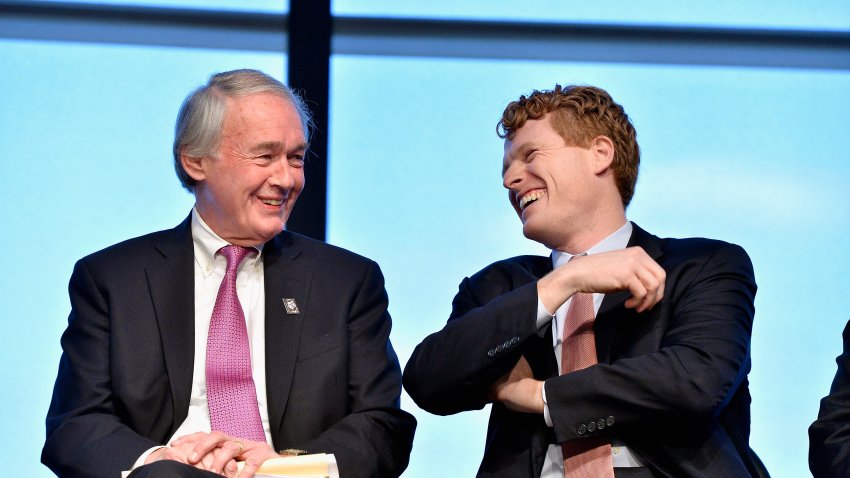 BOSTON, MA – FEBRUARY 20:  Massachusetts Congressman Joseph P. Kennedy, III and Senator Edward Markey attend the U.S. Postal Service First Day of Issue Dedication Ceremony of the centennial of President John F. Kennedy’s birth dedication of a Forever stamp in his honor at the John F. Kennedy Presidential Library and Museum on February 20, 2017 in Boston, Massachusetts.  The image used on the stsamp was shot in 1960 by photographer Ted Speigel.  (Photo by Paul Marotta/Getty Images)