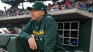 In this Feb. 22, 2019, file photo, bench Coach Ryan Christenson #29 of the Oakland Athletics stands in the dugout prior to the game against the Chicago Cubs at Sloan Park in Mesa, Arizona.