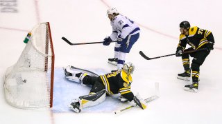 Brayden Point #21 of the Tampa Bay Lightning scores a breakaway goal past Dan Vladar #80 of the Boston Bruins during the second period in Game Three of the Eastern Conference Second Round during the 2020 NHL Stanley Cup Playoffs at Scotiabank Arena on August 26, 2020 in Toronto, Ontario.
