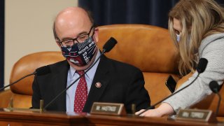 WASHINGTON, DC - MAY 14: House Rules Committee Chairman Jim McGovern (D-MA) wears a New England Patriots-themed face mask during a hearing about the proposal to authorize remote voting by proxy in the House of Representatives due to the risks presented by the novel coronavirus pandemic in the Longworth House Office Building on Capitol Hill May 14, 2020 in Washington, DC. Democratic leaders said the House may vote on Thursday to change the rules to allow lawmakers to cast votes remotely for the first time in its 231-year history, a major concession to the constraints created by COVID-19.