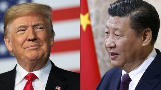 This combination of pictures created on May 14, 2020, shows China's President Xi Jinping (R) and U.S. President Donald Trump.