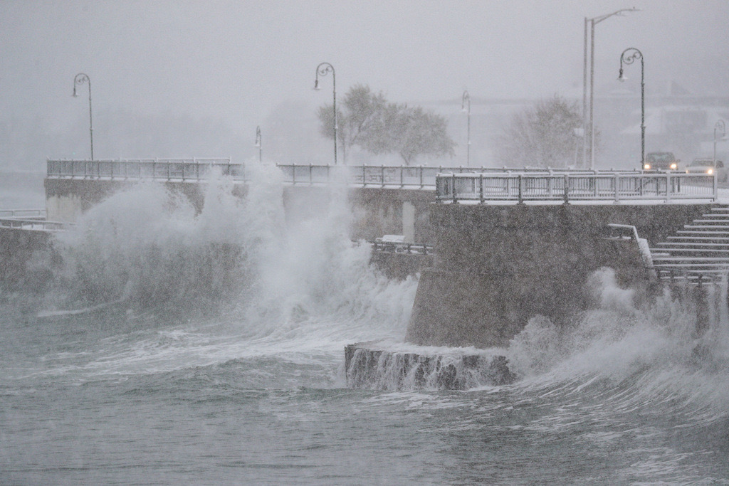 Heavy surf pushes up against the seawall in Lynn, Mass., more than one hour after high tide.