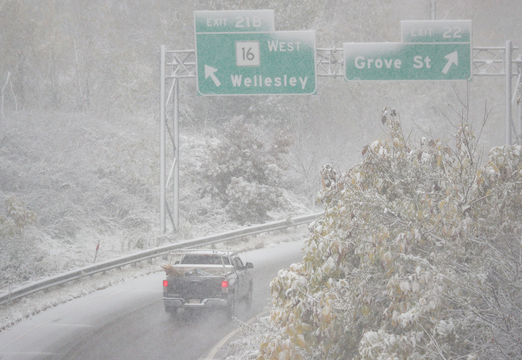 Shot overlooking the snowy highway in Mass.