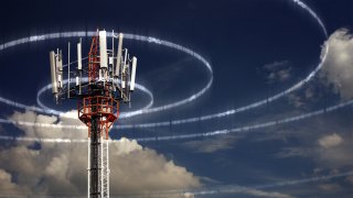 A cell phone tower transmitting information