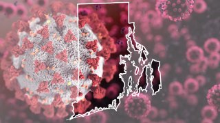 A map of Rhode Island superimposed over a coronavirus graphic