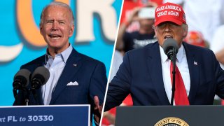 Democratic presidential nominee Joe Biden, and President Donald Trump, speaks at their respective rallies in Tampa, Florida, Oct. 29, 2020. Both candidates are wooing swing states like Florida and Pennsylvania in an effort to swing the tide their way with just five days left until the election.