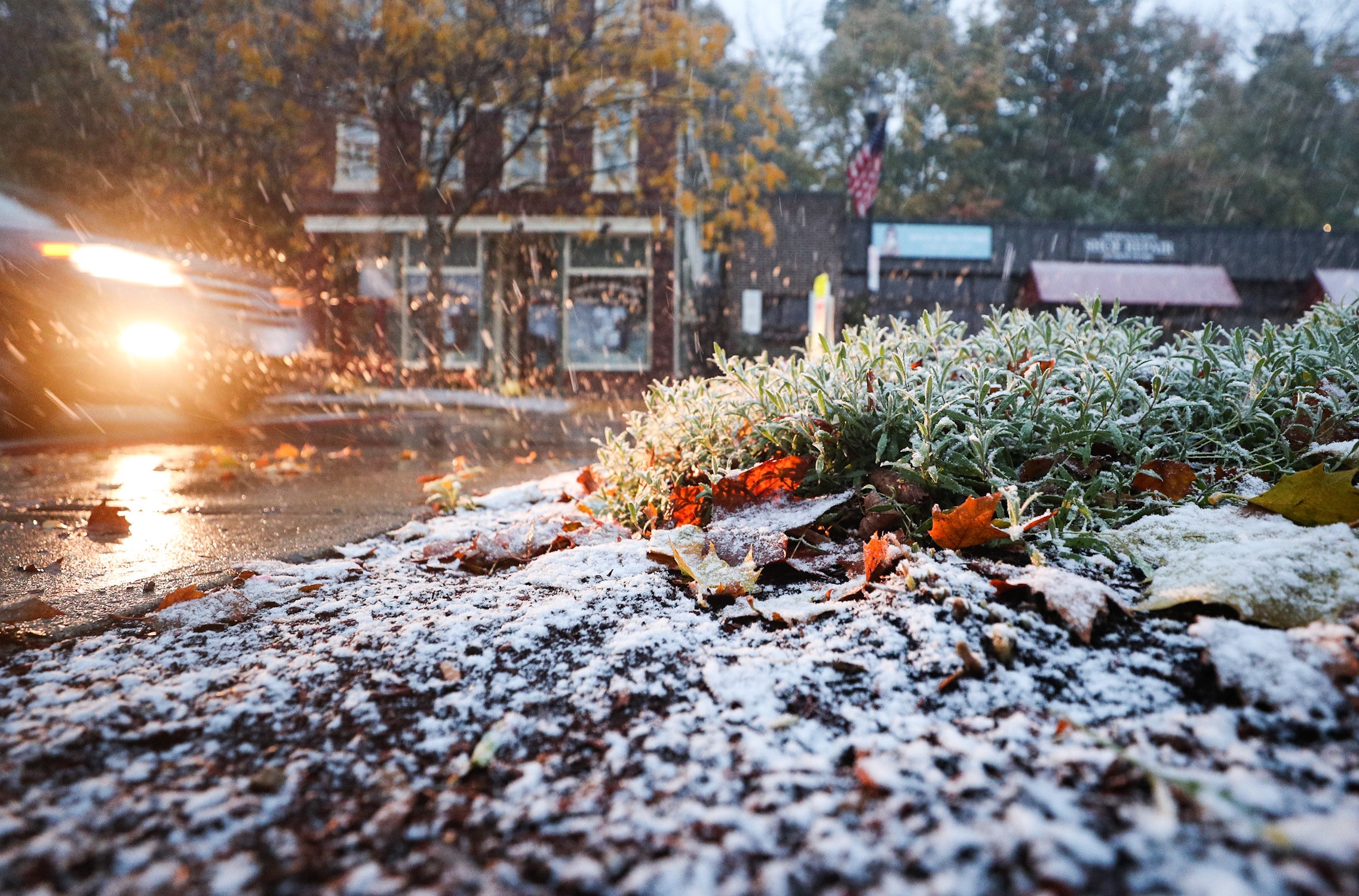 First snowfall at Main St. in Marlborough, Mass.