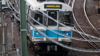 A Blue Line train in Revere, Massachusetts.