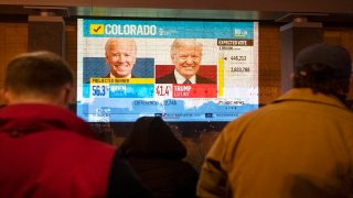 Colorado election results are displayed on a screen in Black Lives Matter Plaza during the 2020 Presidential election