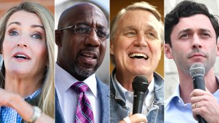 The race is on for two Georgia senate seats, with incumbents Sen. Kelly Loeffler and Sen. David Perdue (third-left) up against Democratic challengers Raphael Warnock (second-left) and Jon Ossoff (right) respectively.