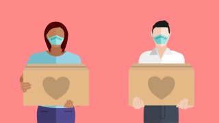 An illustration showing people volunteering to help others in need with boxes of donations during the COVID-19 coronavirus pandemic