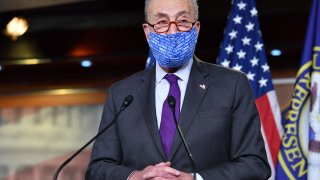 Senate Minority Leader Chuck Schumer, Democrat of New York, holds a press briefing on Capitol Hill in Washington, DC, on November 6, 2020.