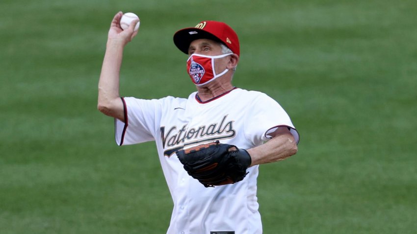 WASHINGTON, DC – JULY 23: Dr. Anthony Fauci, director of the National Institute of Allergy and Infectious Diseases throws out the ceremonial first pitch prior to the game between the New York Yankees and the Washington Nationals at Nationals Park on July 23, 2020 in Washington, DC. (Photo by Rob Carr/Getty Images)