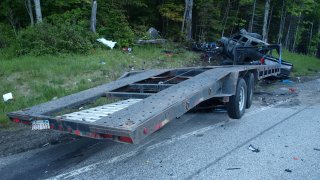 A charred truck that crashed into a line of motorcycles in New Hampshire in 2019, killing seven people.