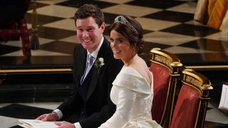 Jack Brooksbank and Princess Eugenie of York during their wedding ceremony at St. George's Chapel on Oct. 12, 2018, in Windsor, England.