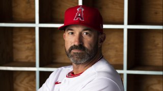 Los Angeles Angels pitching coach Mickey Callaway (75) poses for a portrait during Angels Photo Day on February 18, 2020, at Tempe Diablo Stadium in Tempe, AZ.